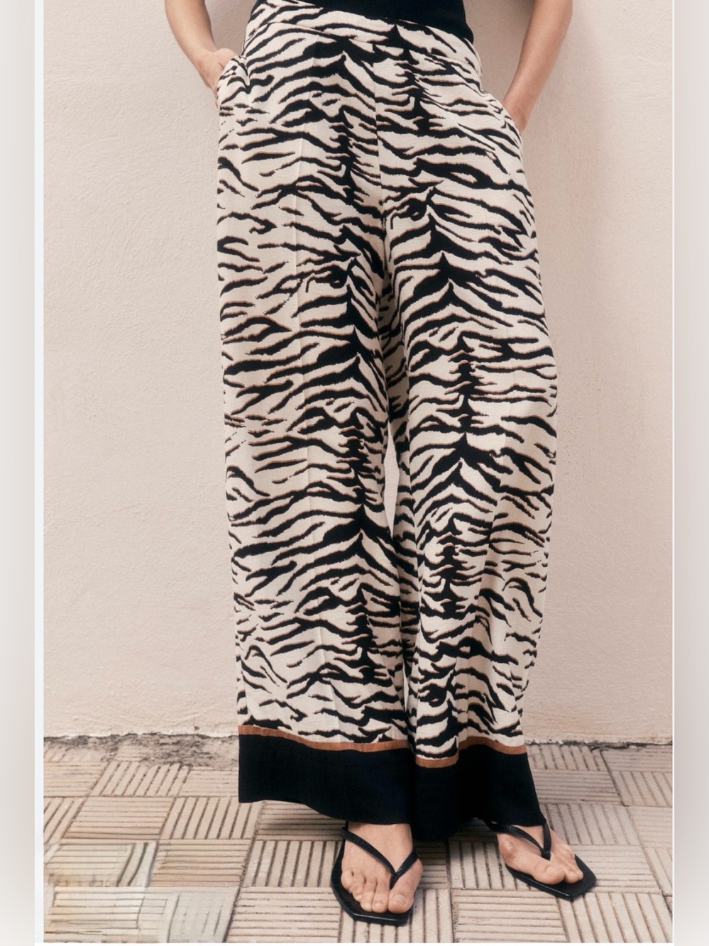 H&M Wide-Leg Zebra Print Pants in Cream, Black & Brown